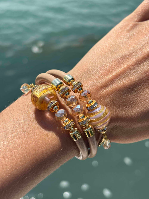 Bracciale con perle in vetro di Murano rosa, oro, tortora