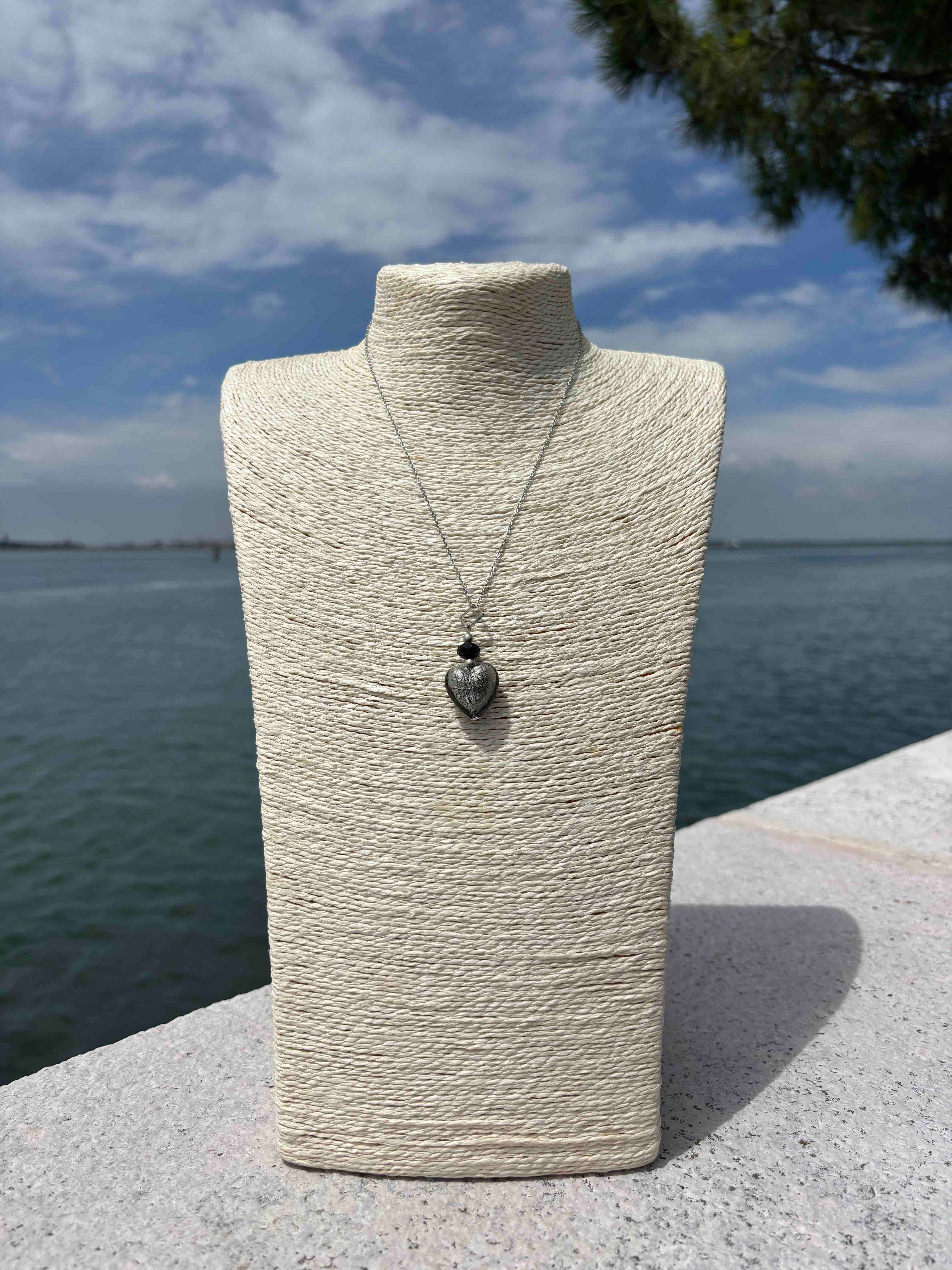 Ciondolo Cuore in vetro di Murano nero e argento