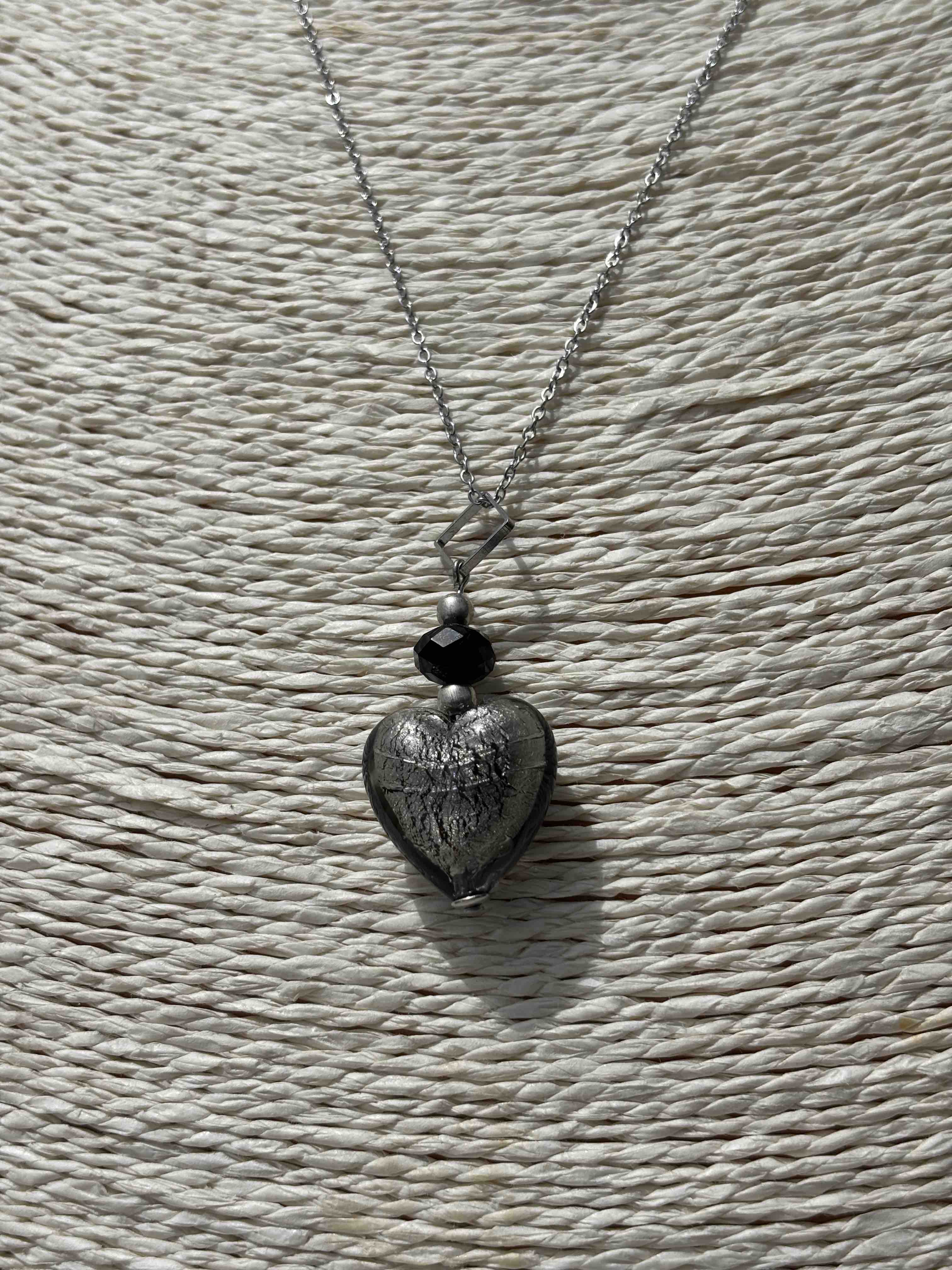 Ciondolo Cuore in vetro di Murano nero e argento