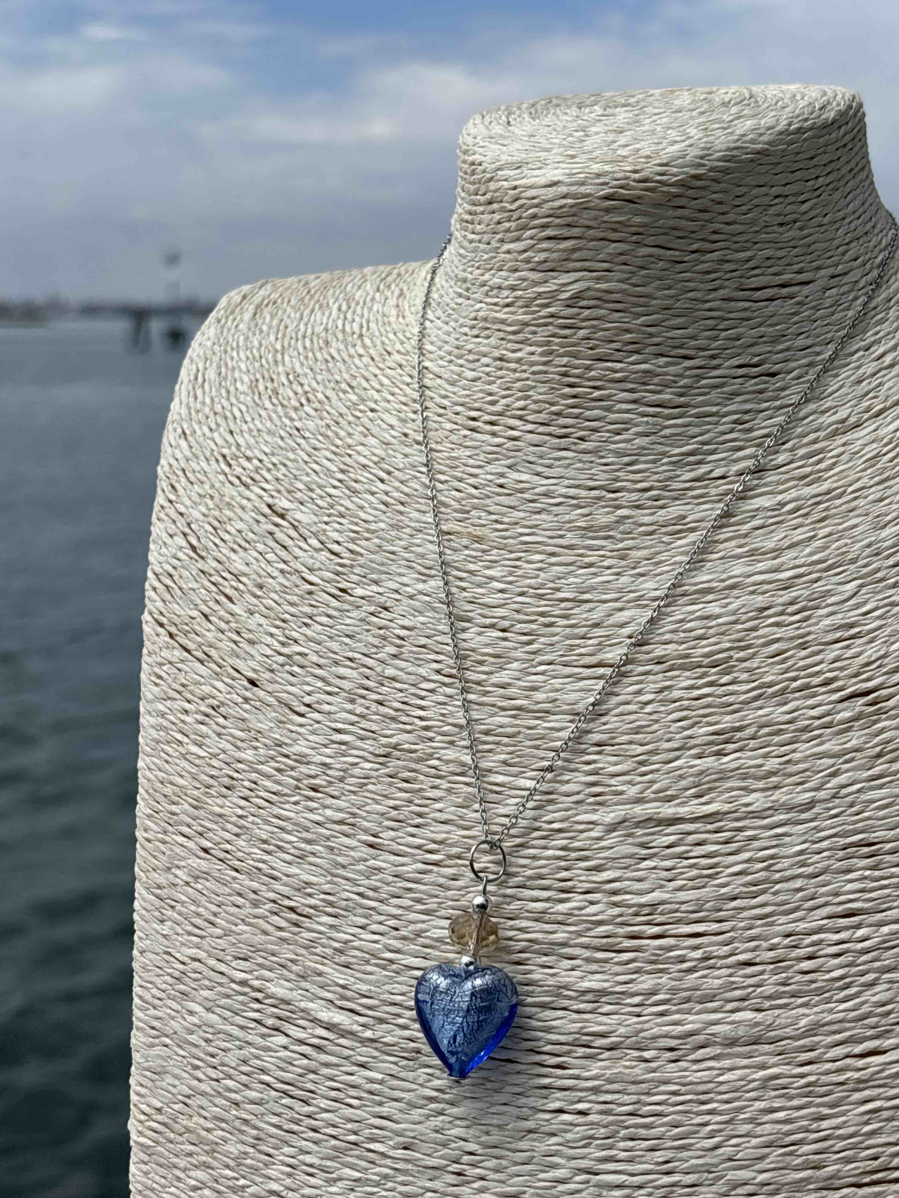 Ciondolo Cuore in vetro di Murano blu e argento