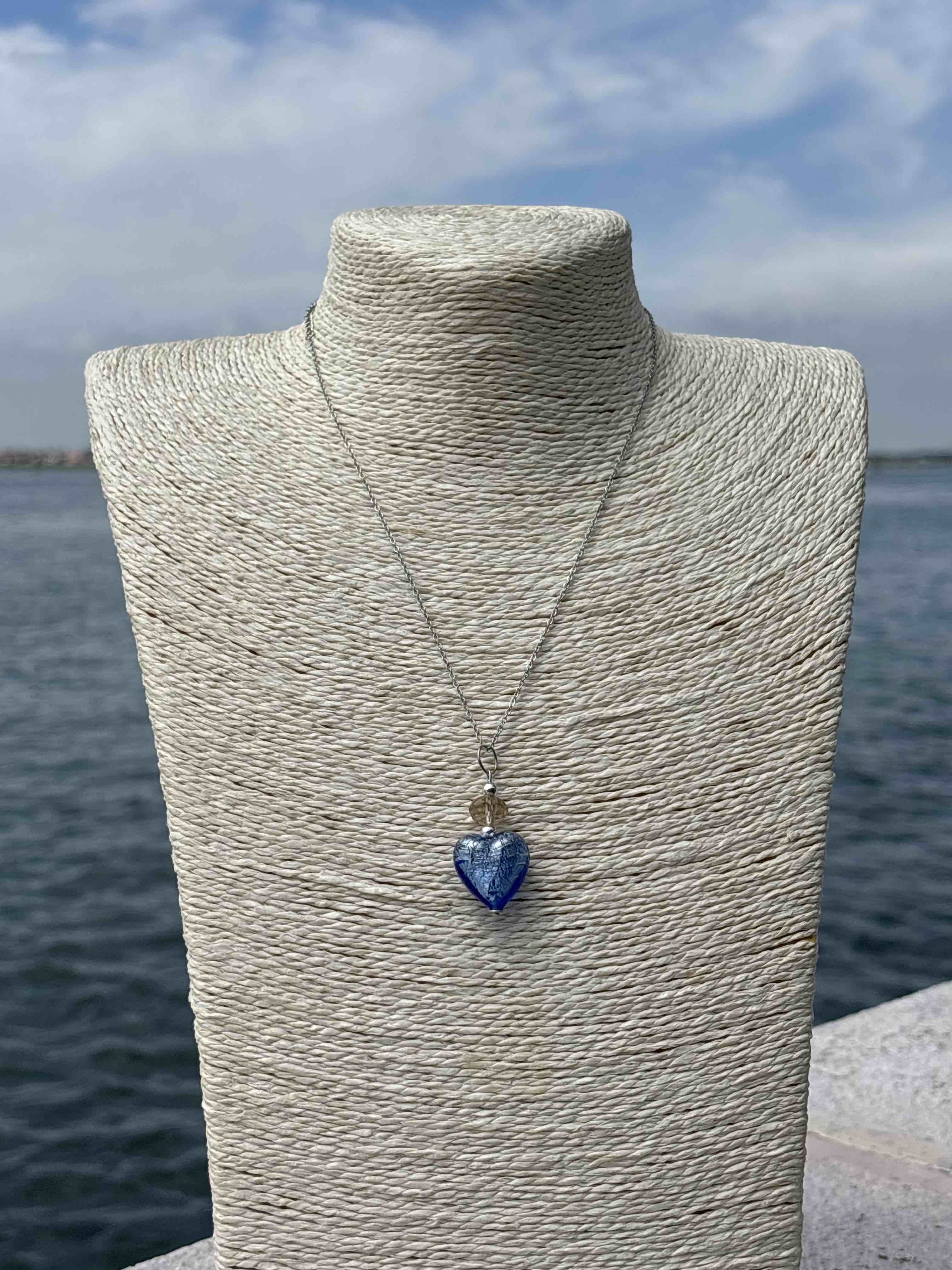 Ciondolo Cuore in vetro di Murano blu e argento