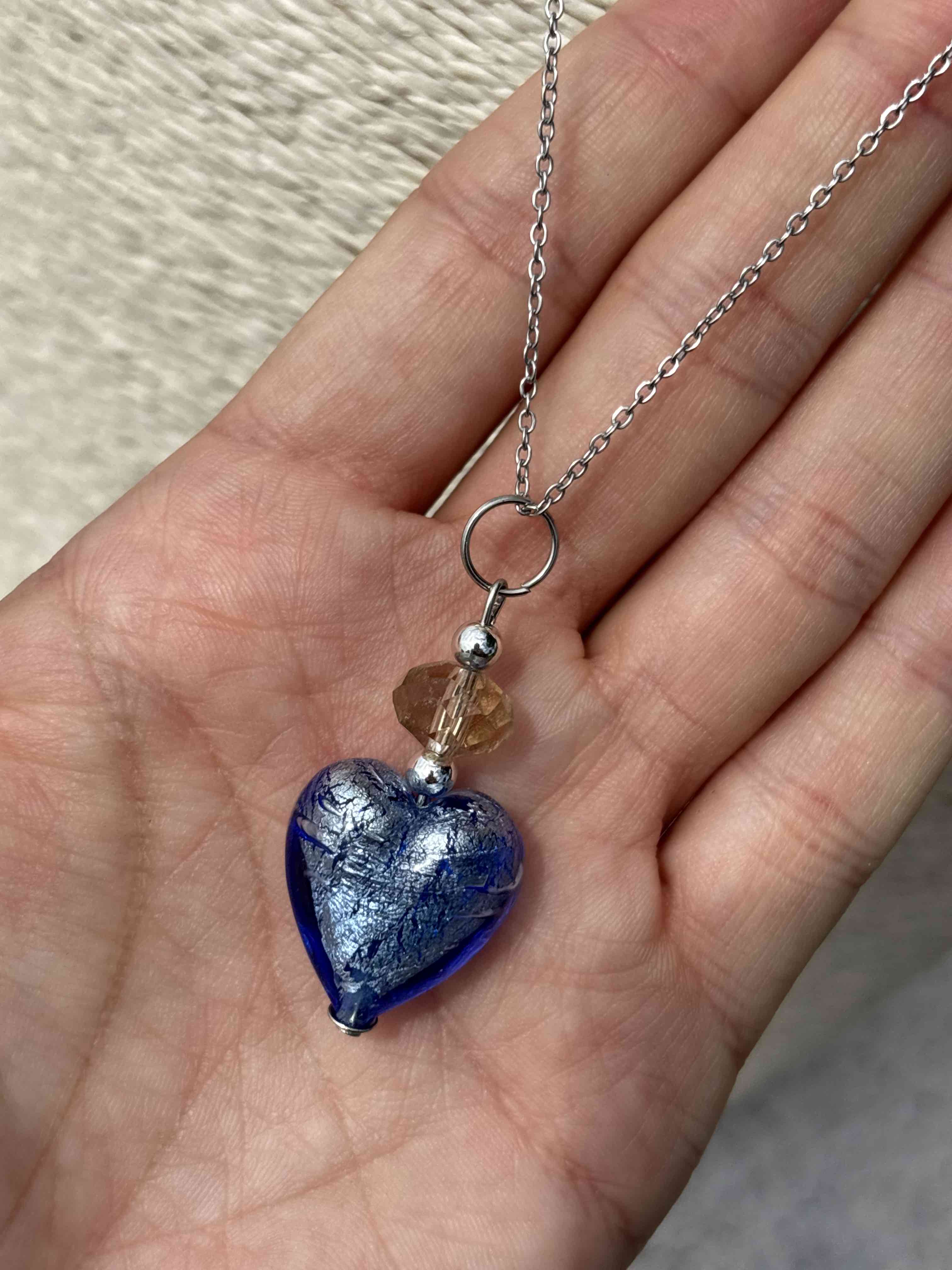 Ciondolo Cuore in vetro di Murano blu e argento