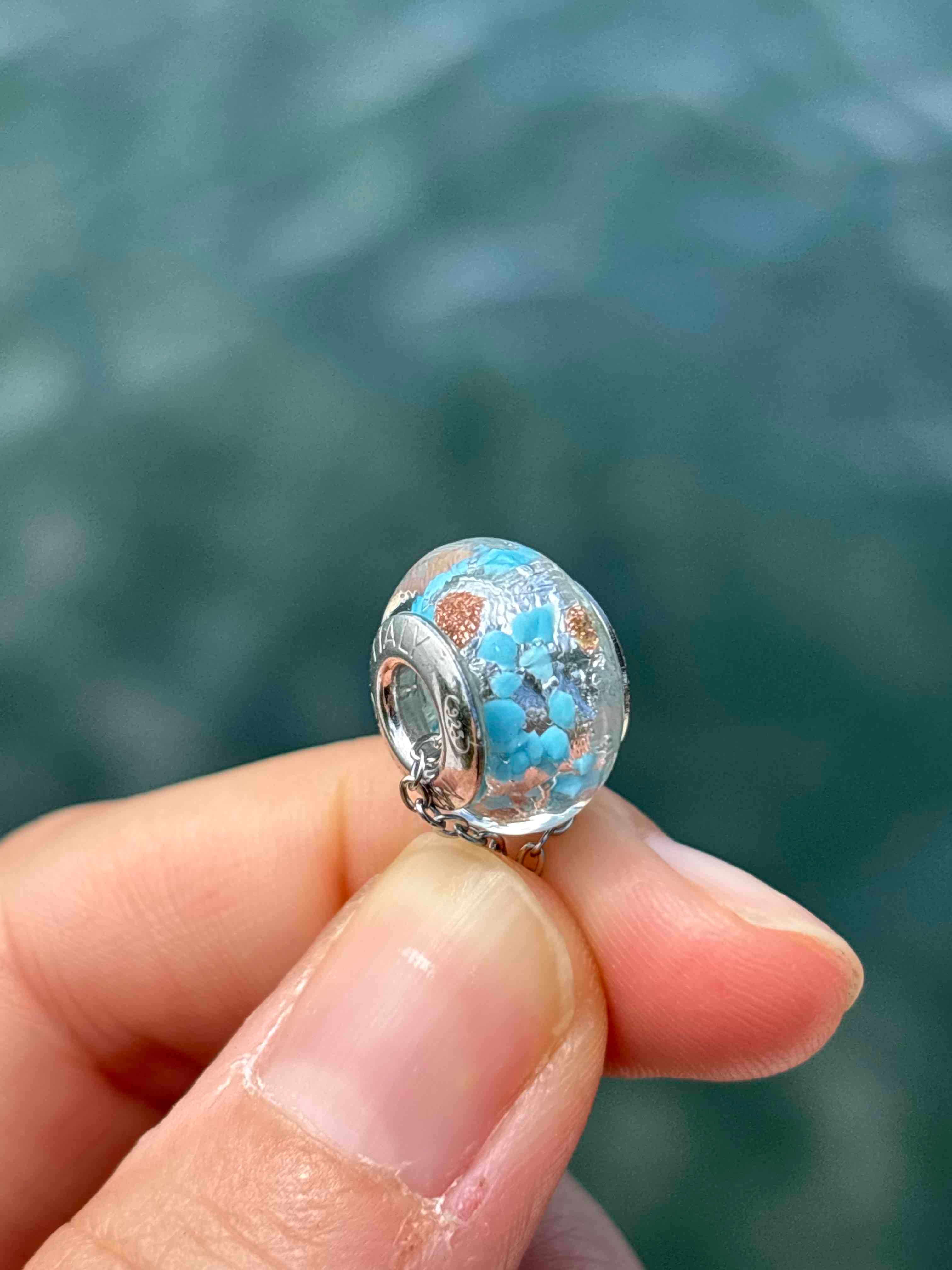 Charm in vetro di Murano e Argento 925 - color azzurro, argento e avventurina