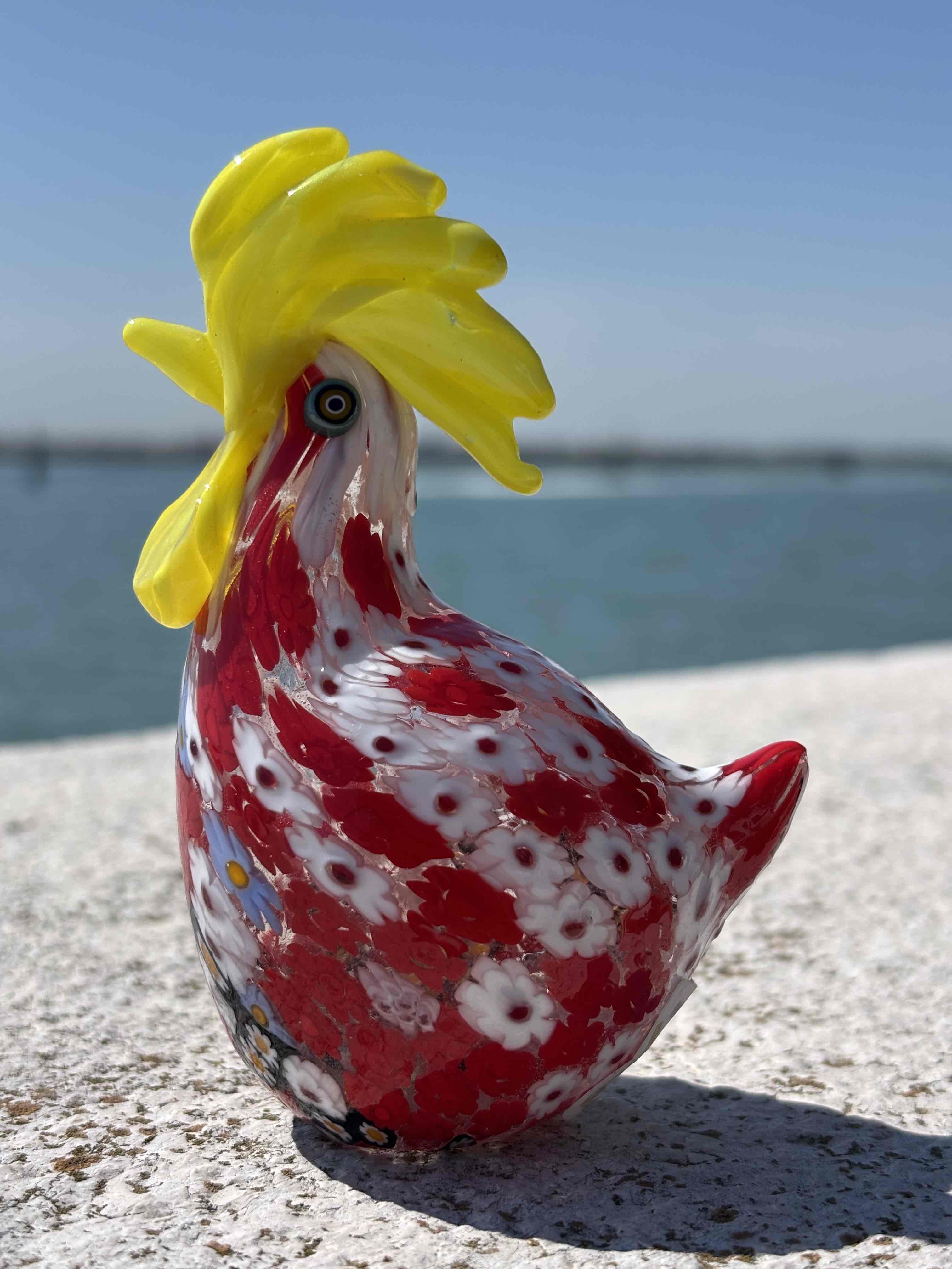 Galletto in autentico vetro di Murano rosso e giallo