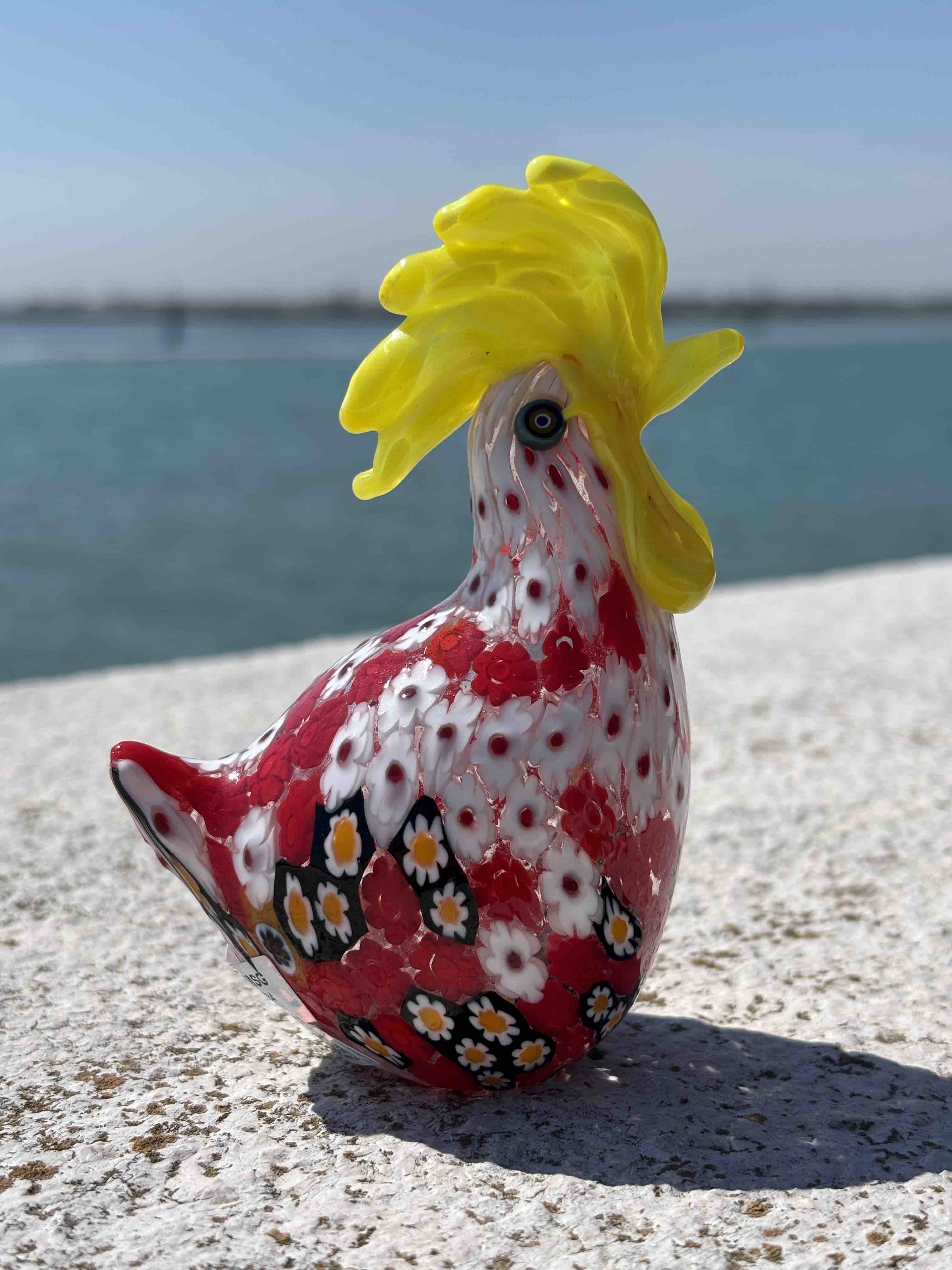 Galletto in autentico vetro di Murano rosso e giallo