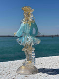 Dama veneziana in vetro di Murano azzurro con foglia d'oro