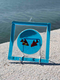 Cornice decorativa in vetro di Murano - color azzurro con pesci rossi