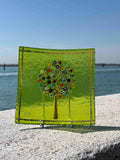 Piatto quadrato in autentico vetro di Murano verde con decorazione di Murrine