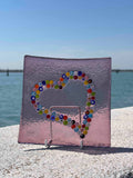 Piatto quadrato in autentico vetro di Murano rosa con decorazione di Murrine