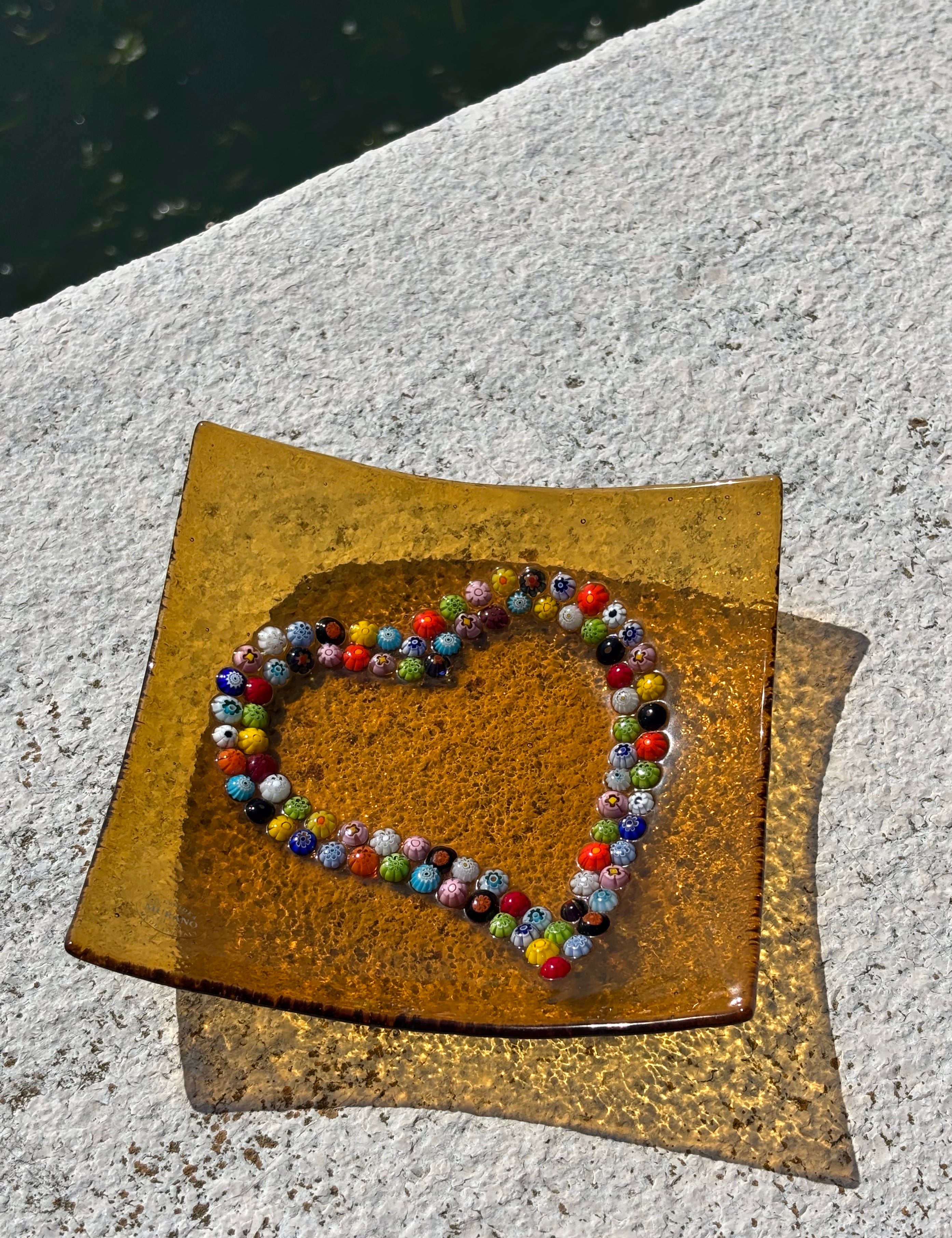Piatto quadrato in autentico vetro di Murano arancione con decorazione di Murrine