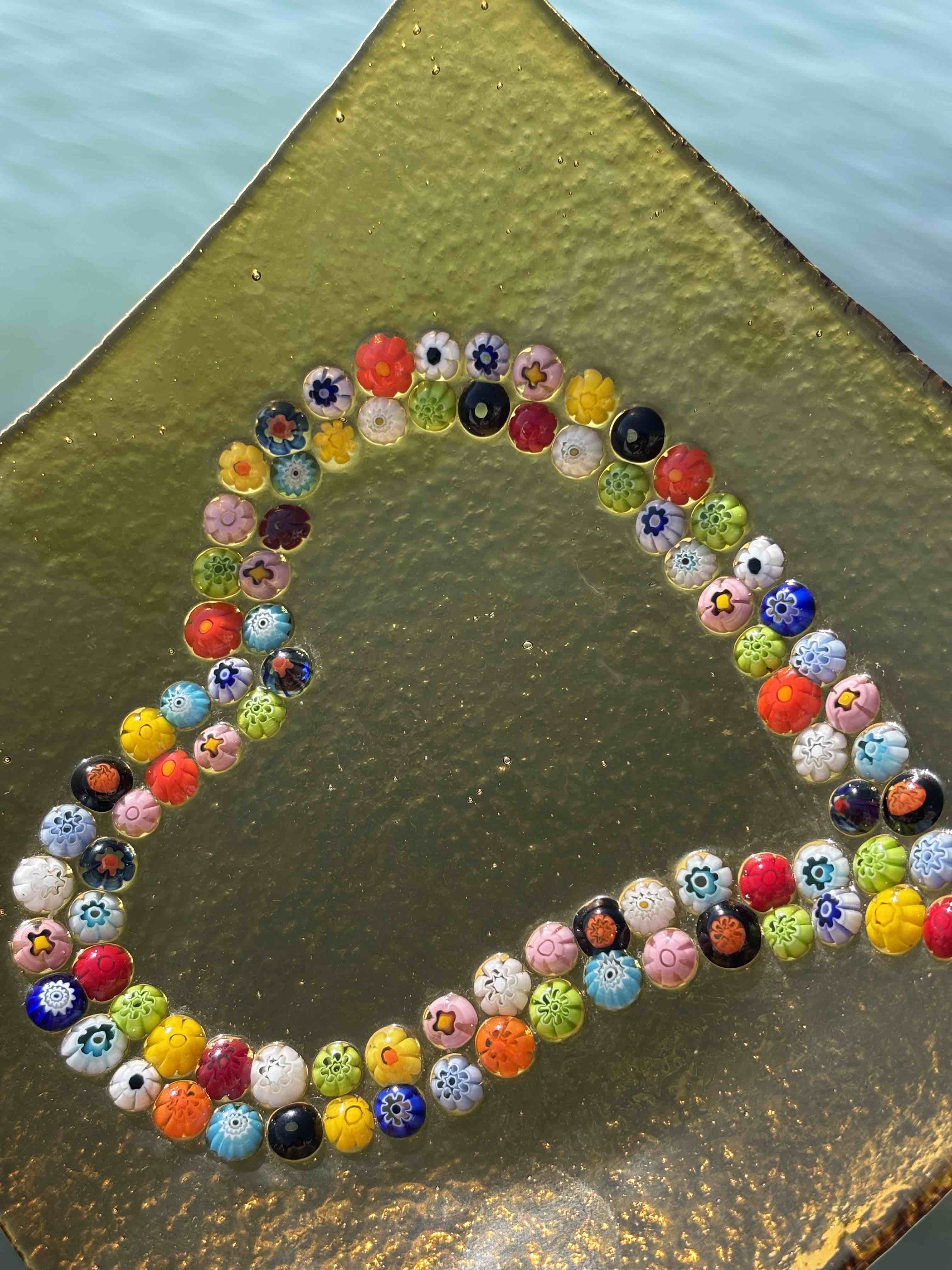 Piatto quadrato in autentico vetro di Murano arancione con decorazione di Murrine