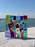 Piatto quadrato in vetro di Murano con mosaico multicolore