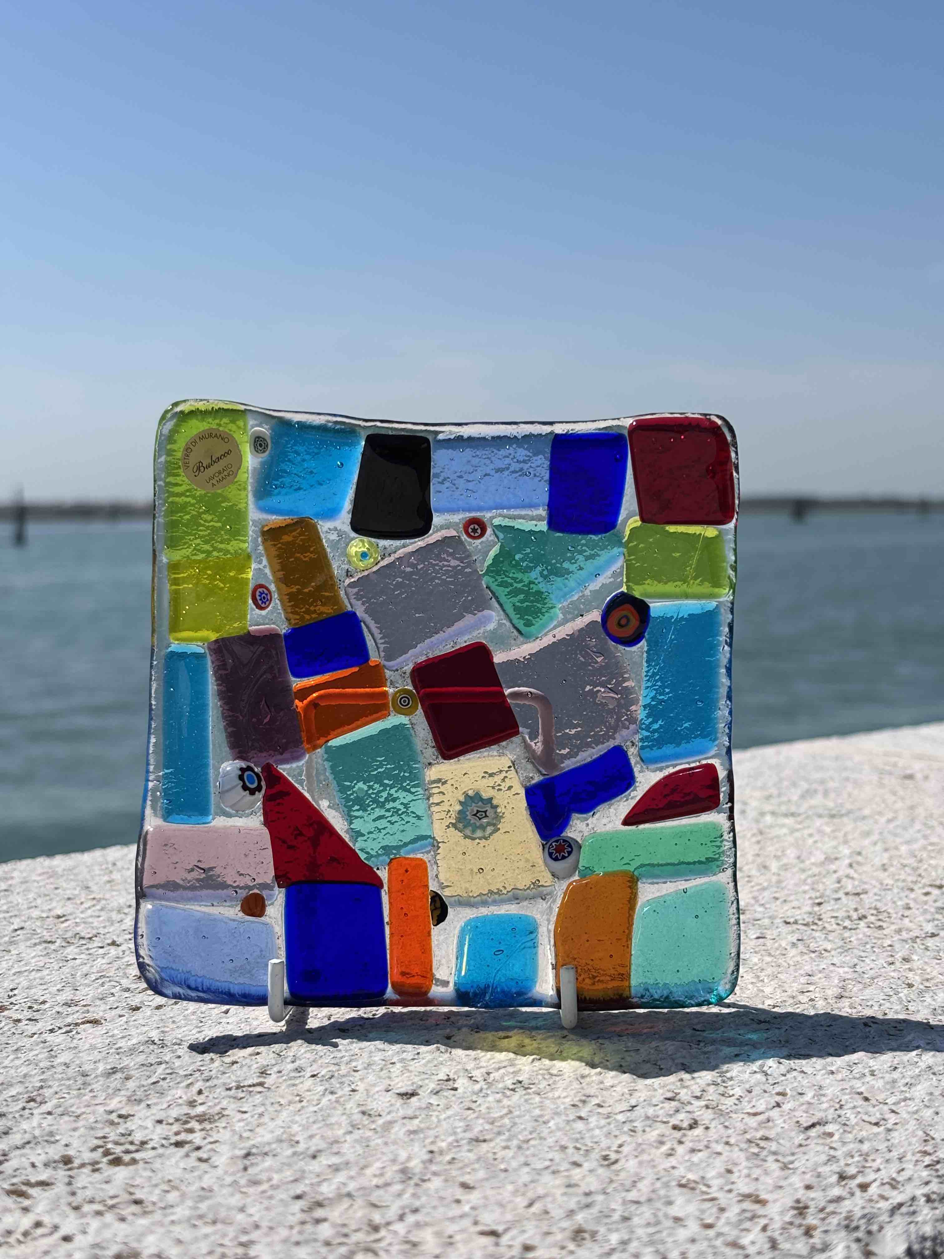 Piatto quadrato in vetro di Murano con mosaico multicolore