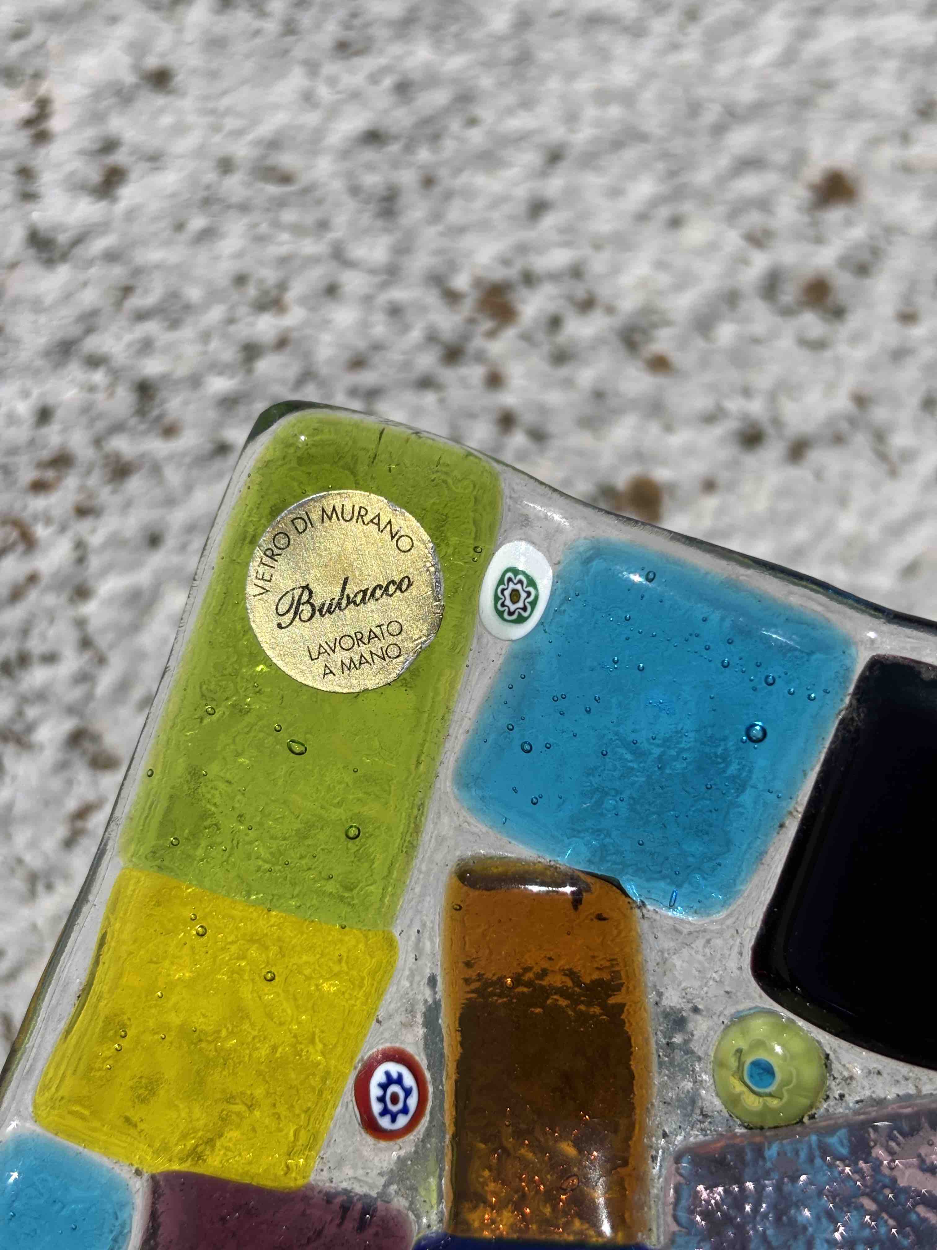 Piatto quadrato in vetro di Murano con mosaico multicolore