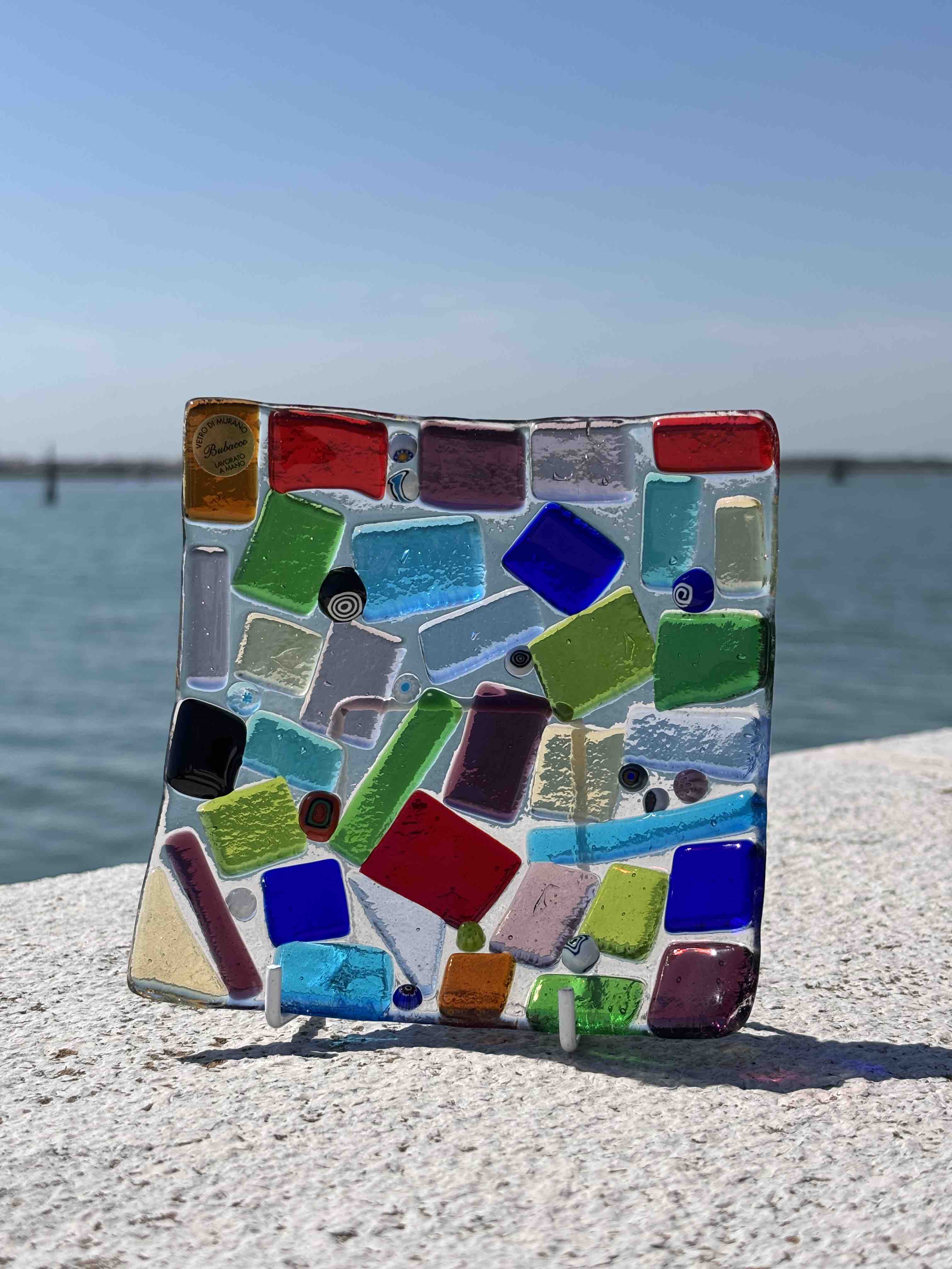 Piatto quadrato in vetro di Murano con mosaico multicolore