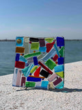 Piatto quadrato in vetro di Murano con mosaico multicolore