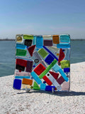 Piatto quadrato in vetro di Murano con mosaico multicolore
