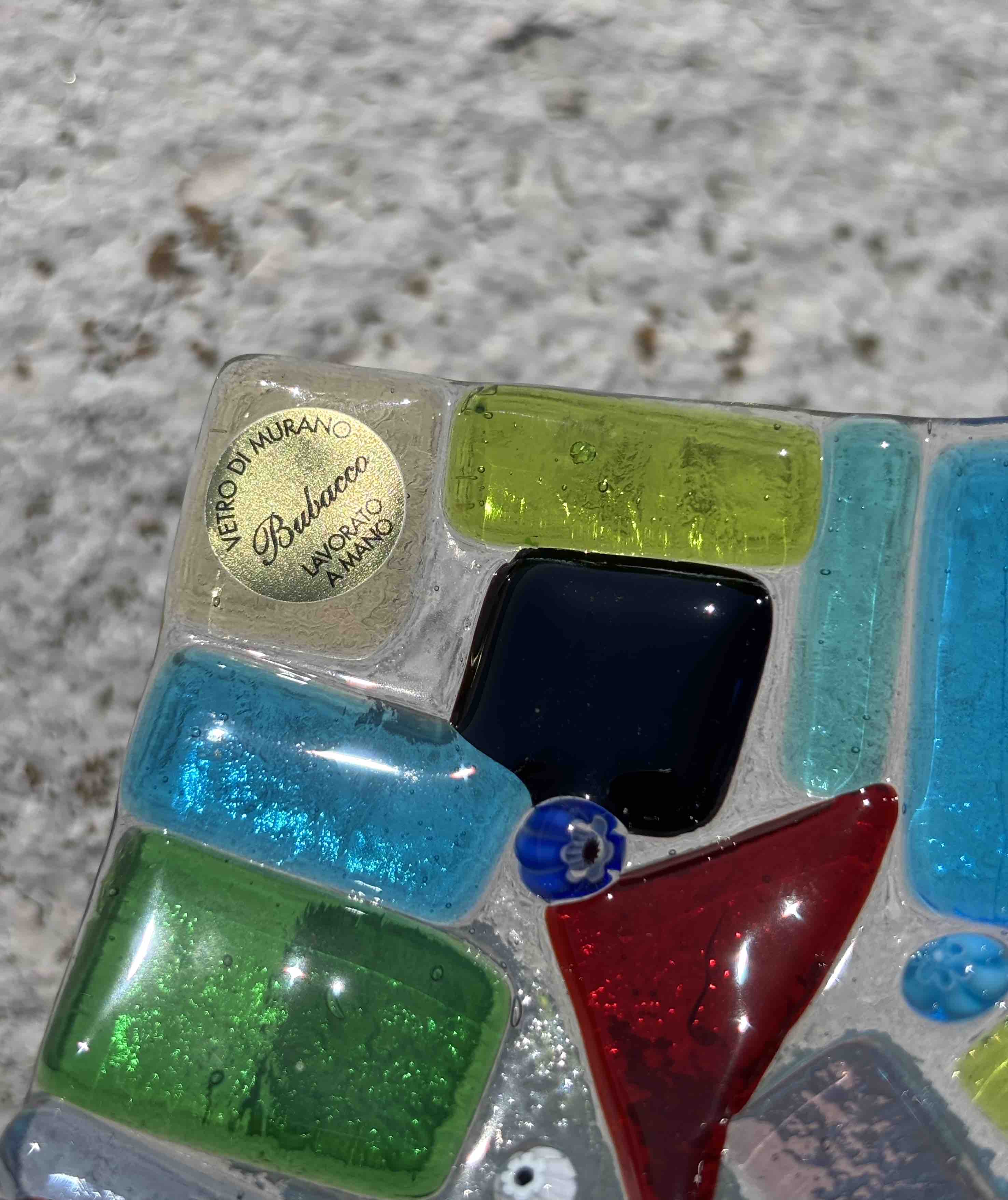 Piatto quadrato in vetro di Murano con mosaico multicolore