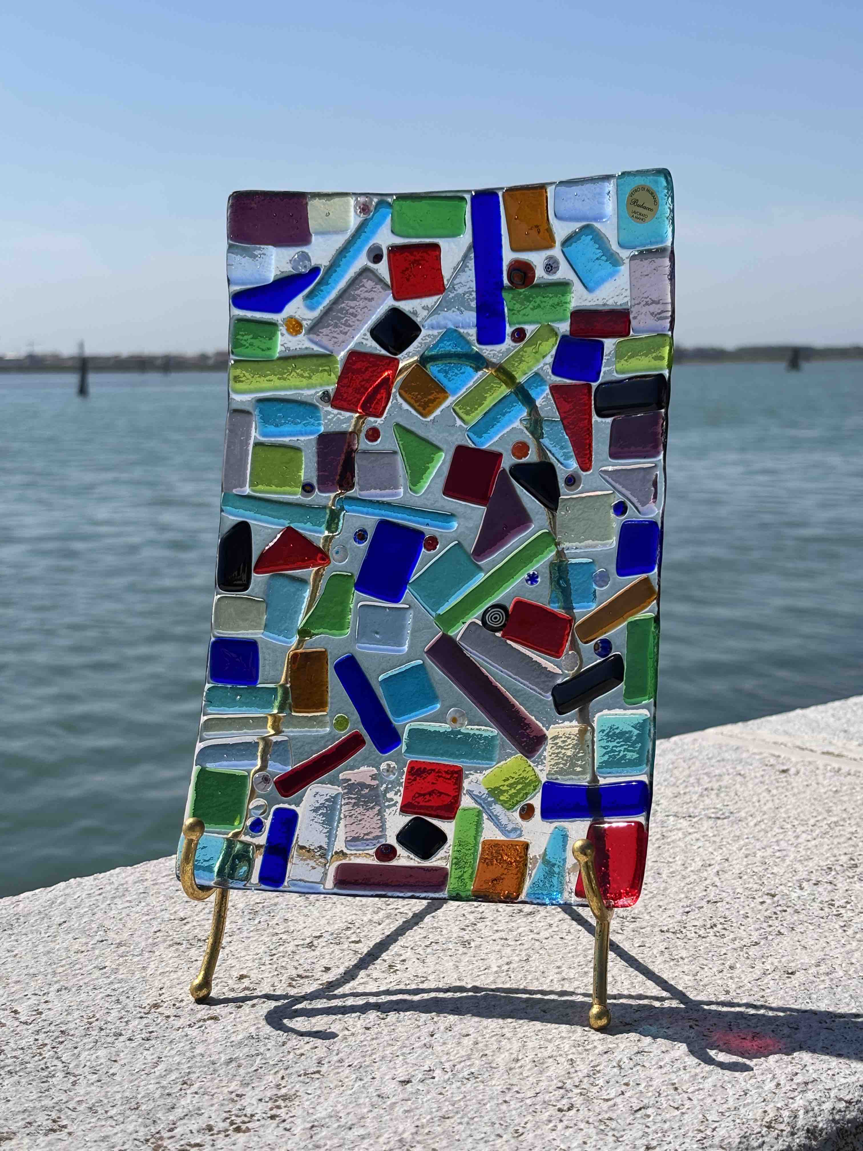 Piatto quadrato in vetro di Murano con mosaico multicolore
