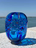 Vaso in autentico vetro di Murano blu decorato