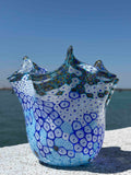 Vaso in autentico vetro di Murano blu e bianco con Murrine