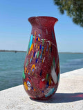Vaso in autentico vetro di Murano rosso e multicolore
