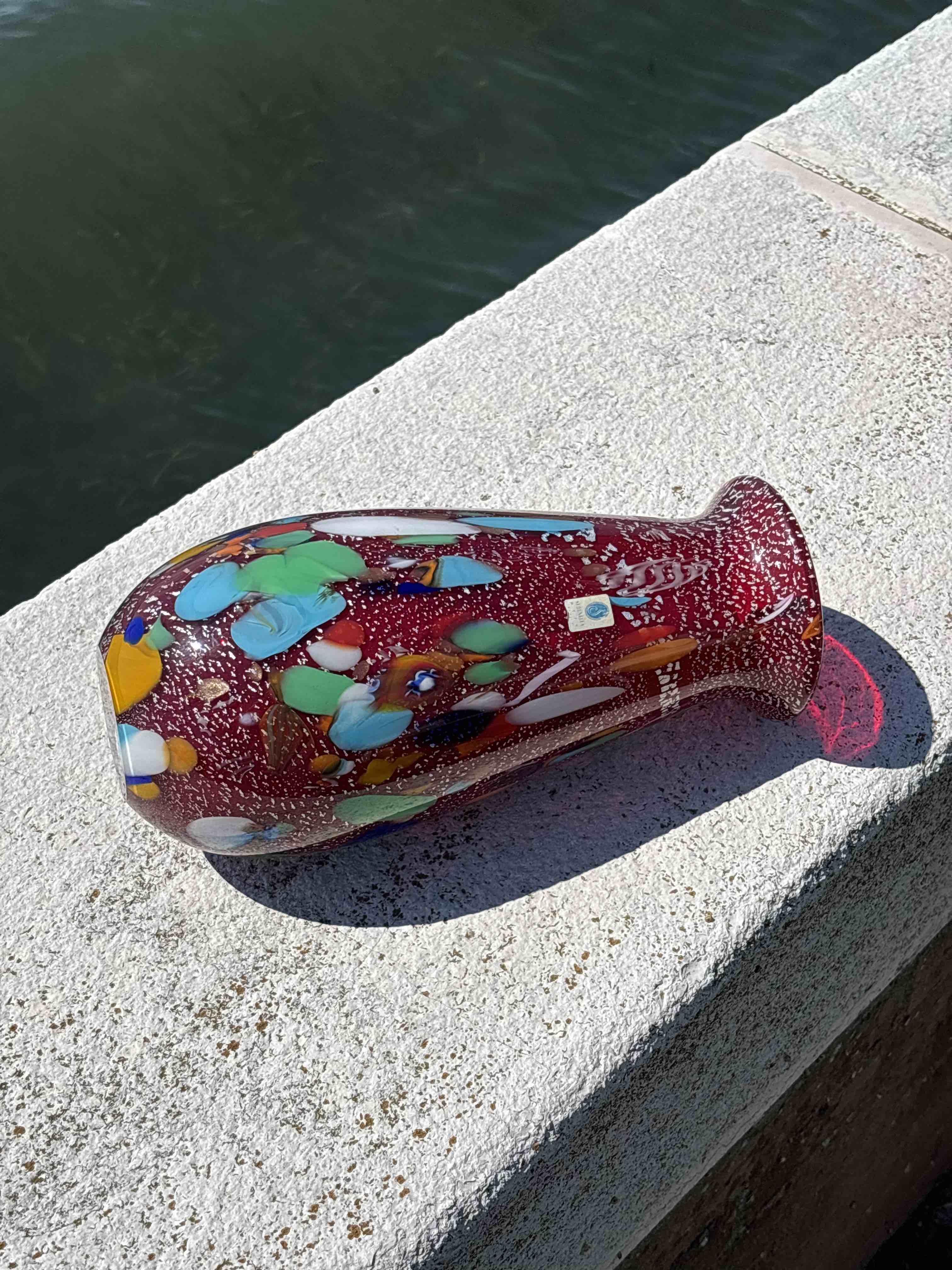 Vaso in autentico vetro di Murano rosso e multicolore