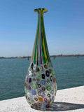 Vaso in autentico vetro di Murano verde con Murrine colorate
