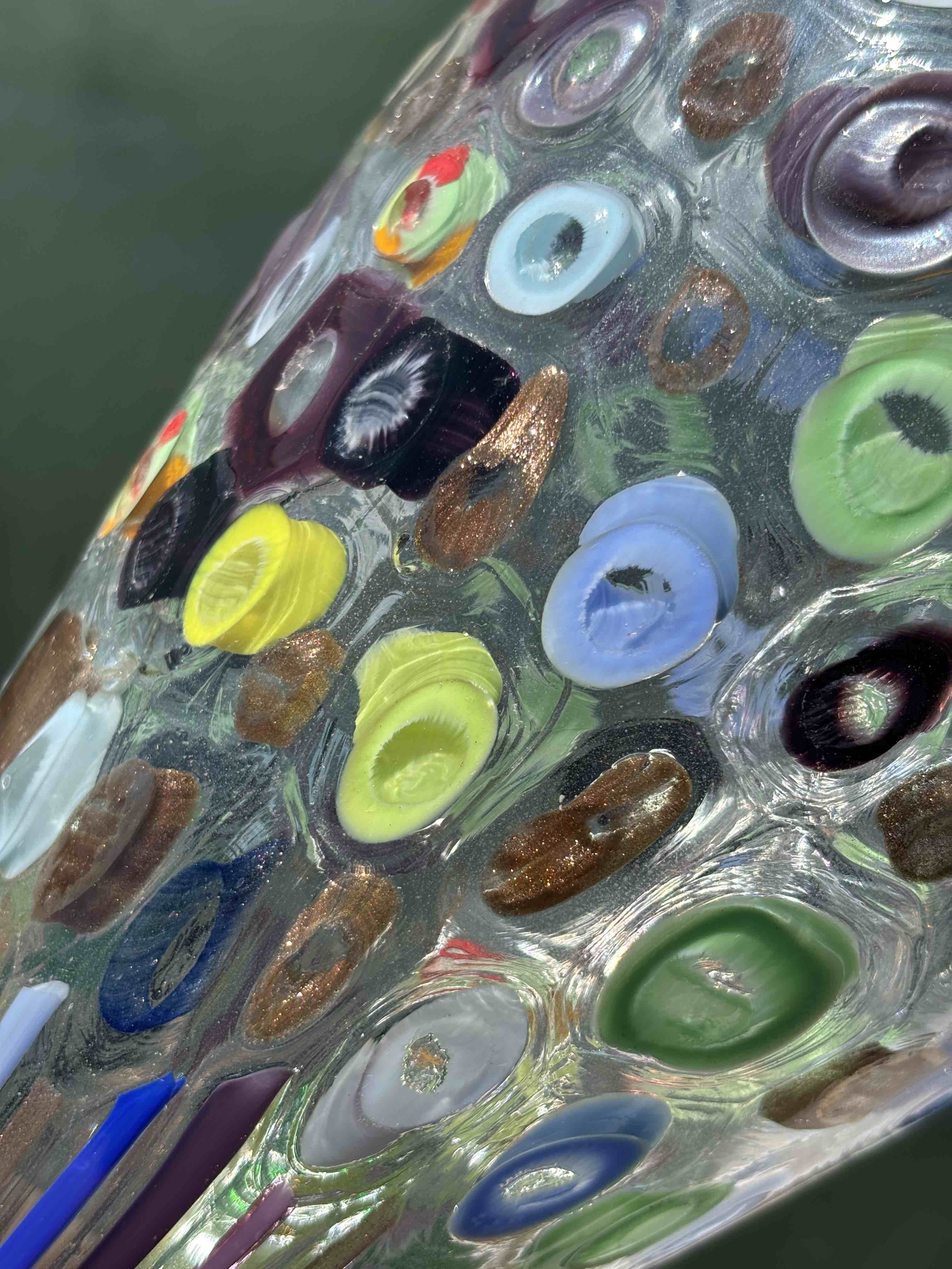Vaso in autentico vetro di Murano verde con Murrine colorate