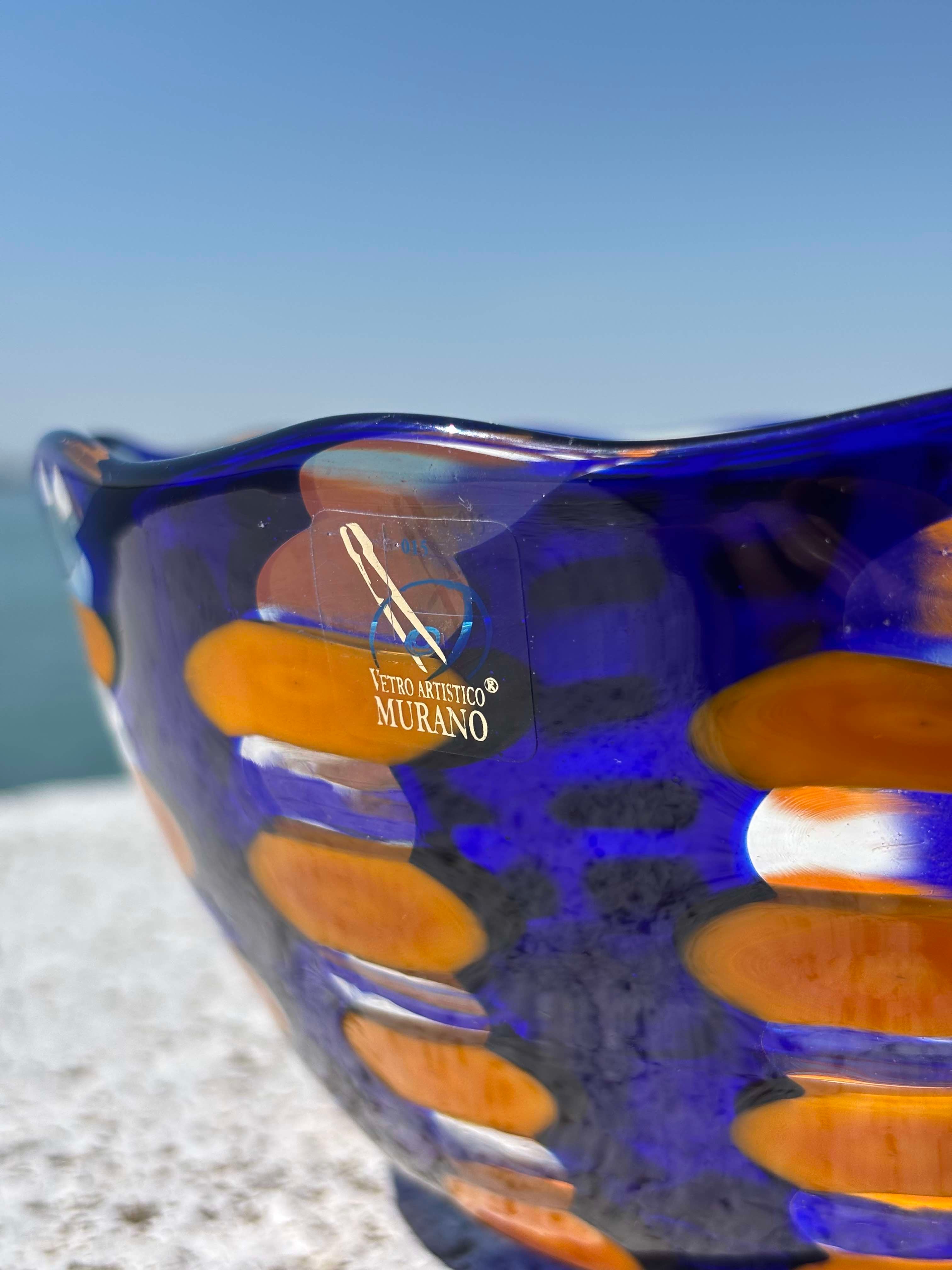 Ciotola in autentico vetro di Murano blu e arancione