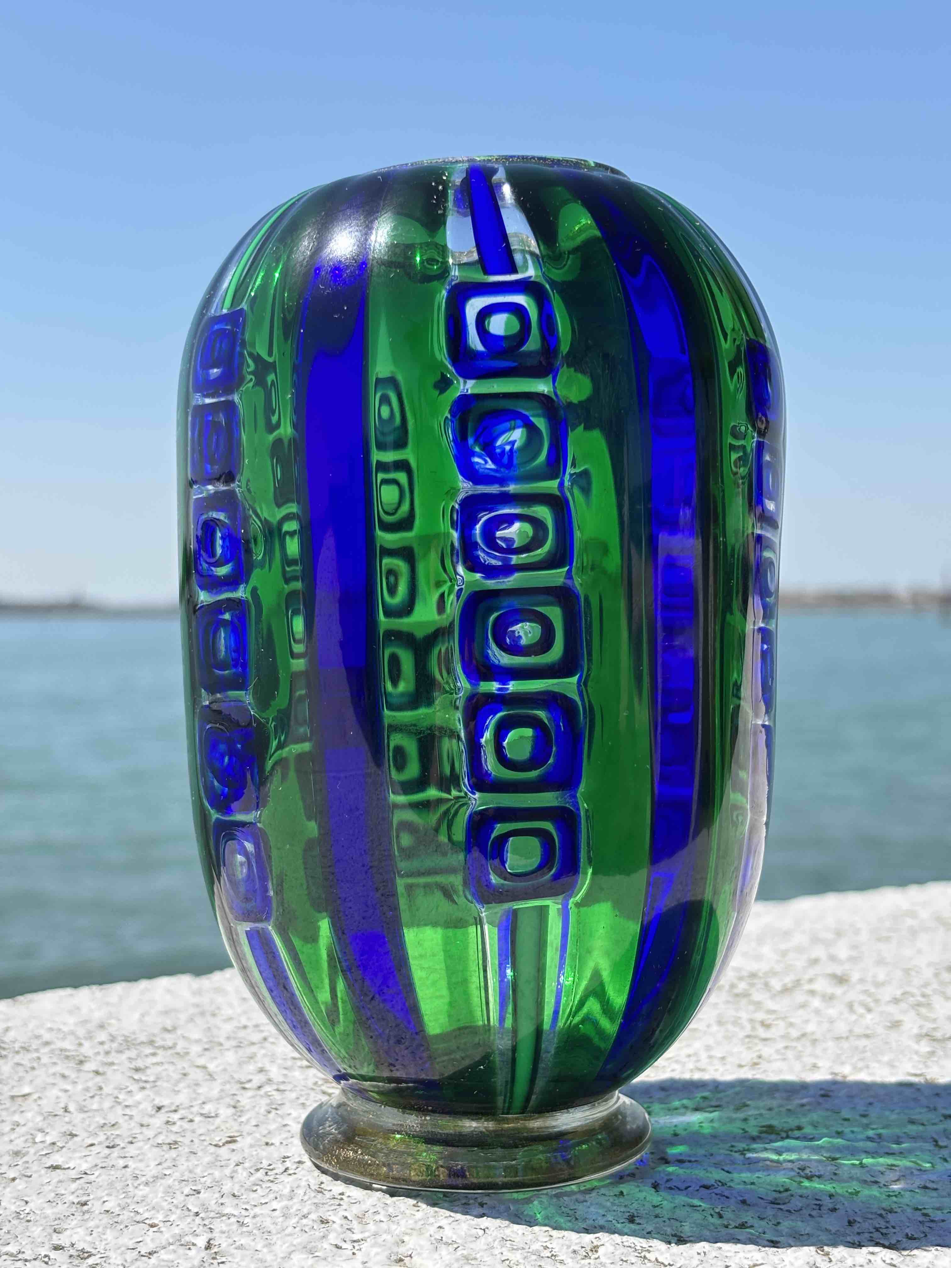 Vaso in autentico vetro di Murano verde e blu grande