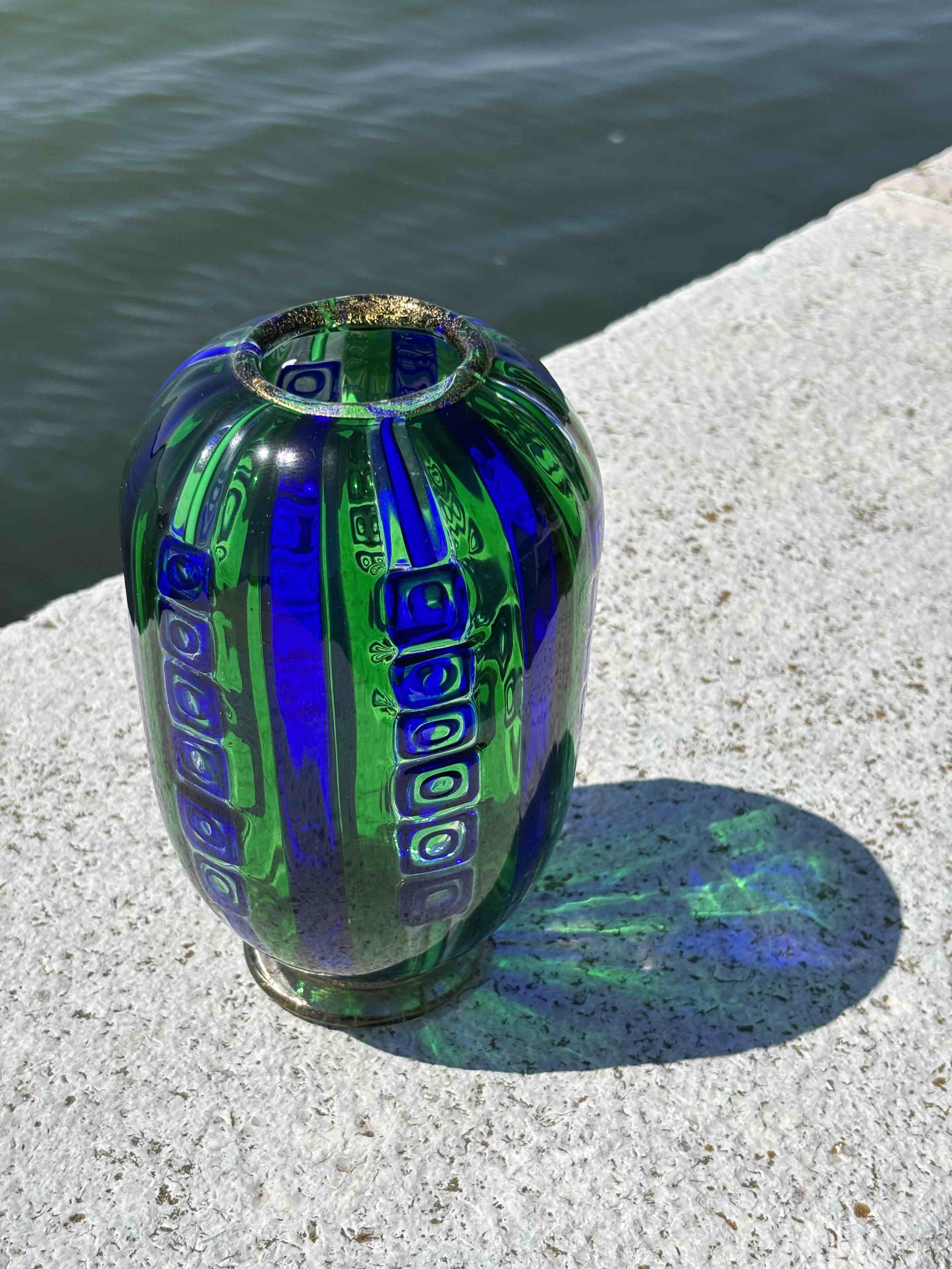 Vaso in autentico vetro di Murano verde e blu grande