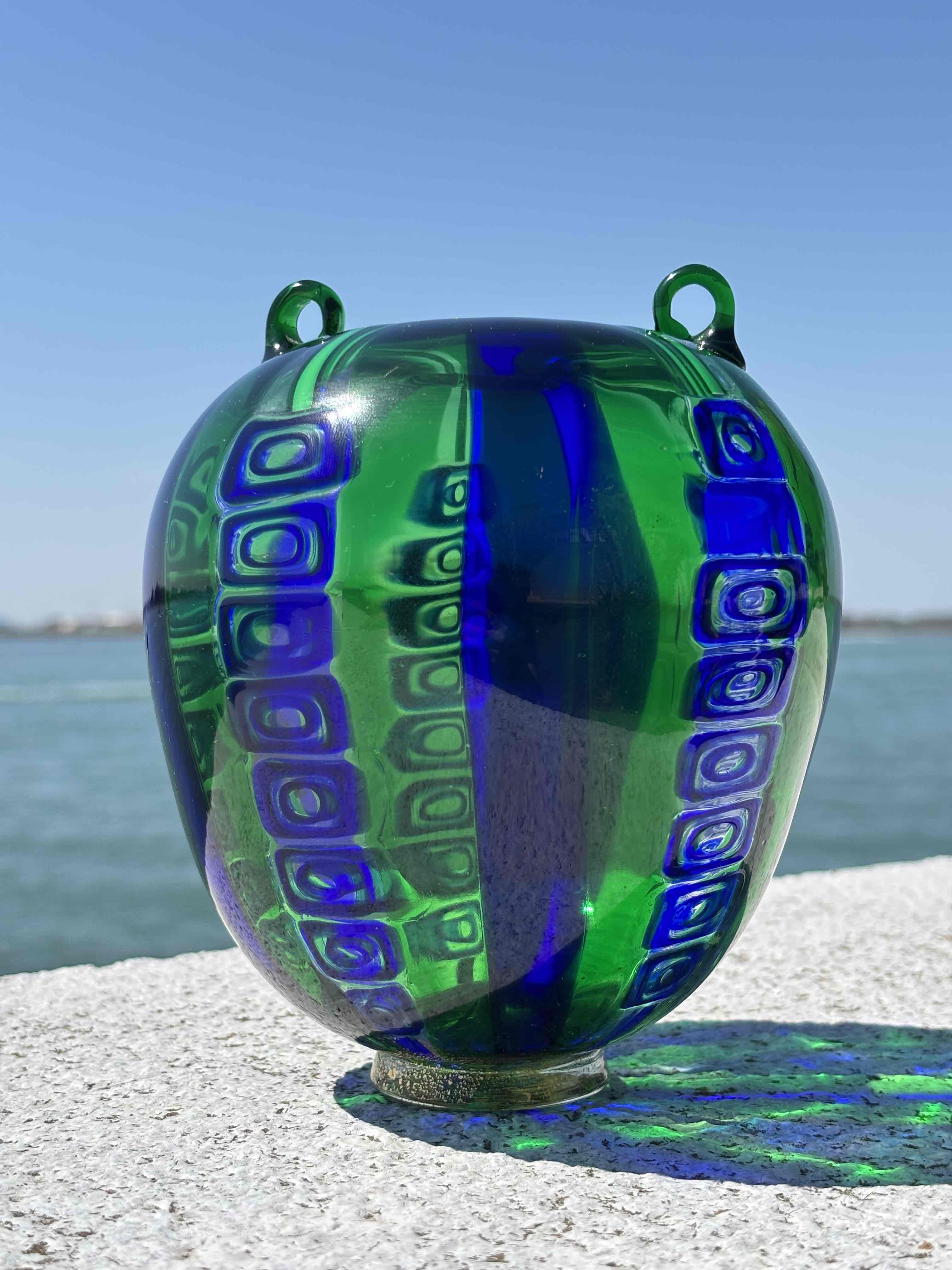 Vaso in autentico vetro di Murano verde e blu piccolo