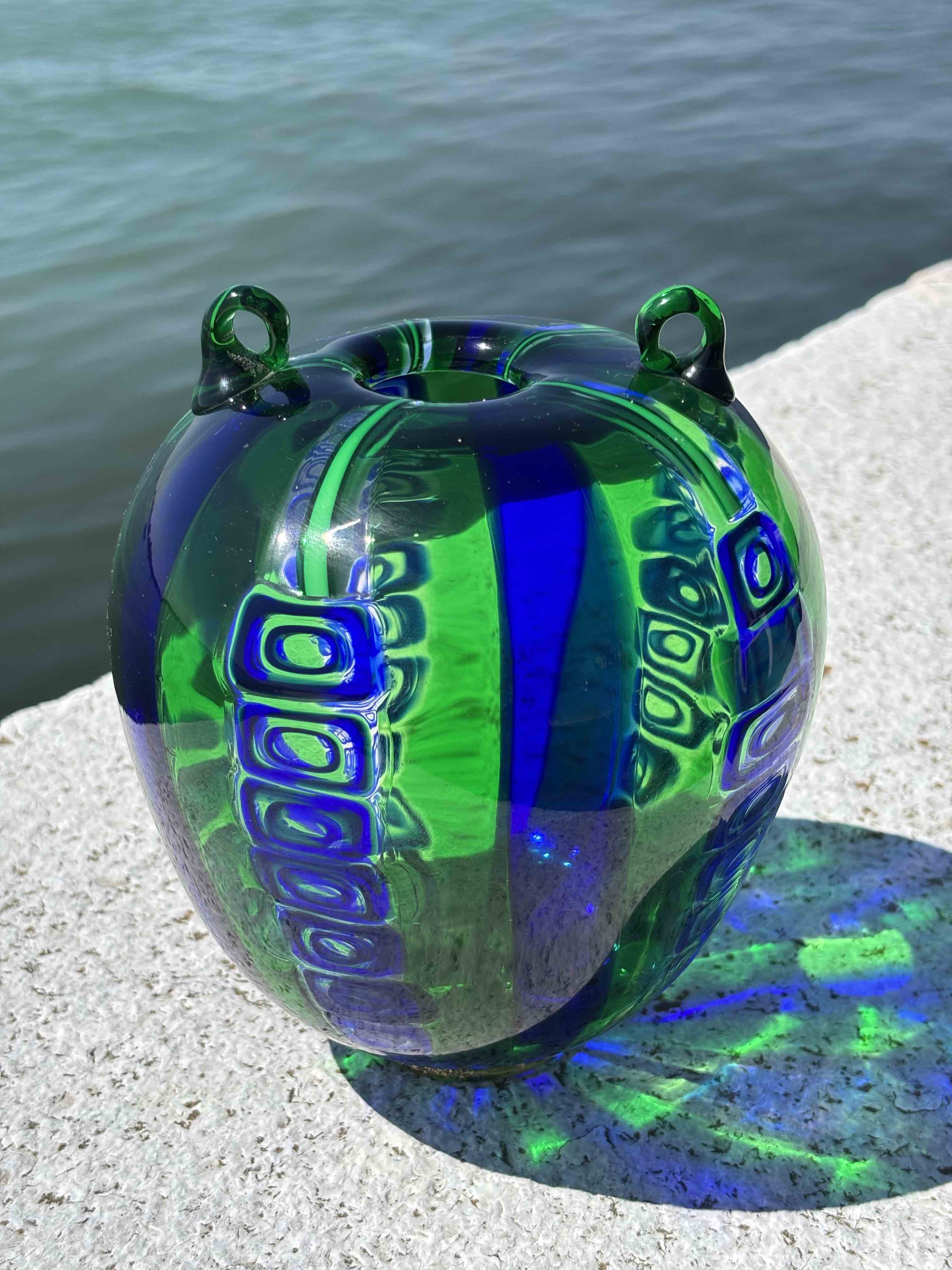 Vaso in autentico vetro di Murano verde e blu piccolo