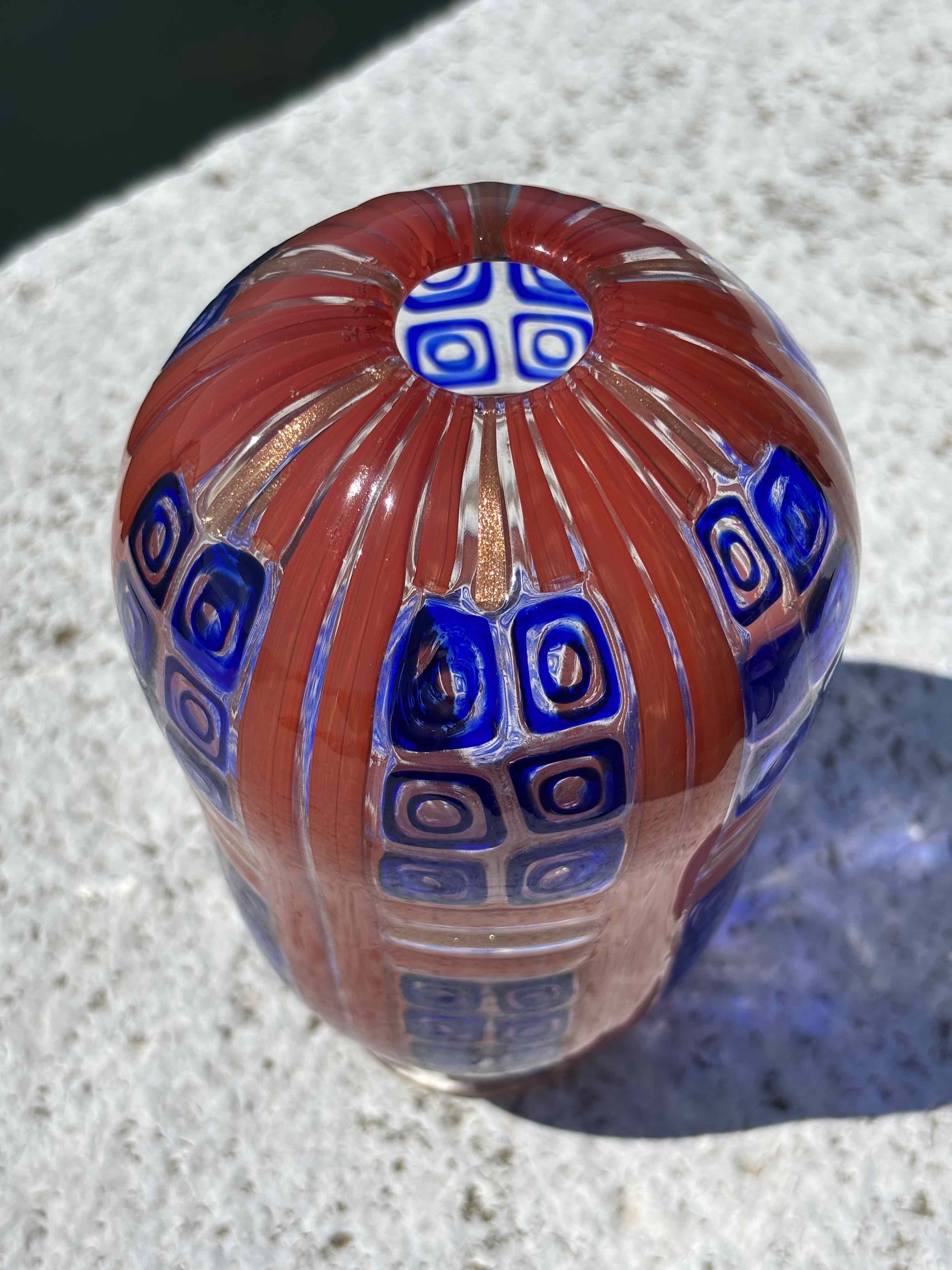 Vaso in autentico vetro di Murano rosso blu e avventurina piccolo