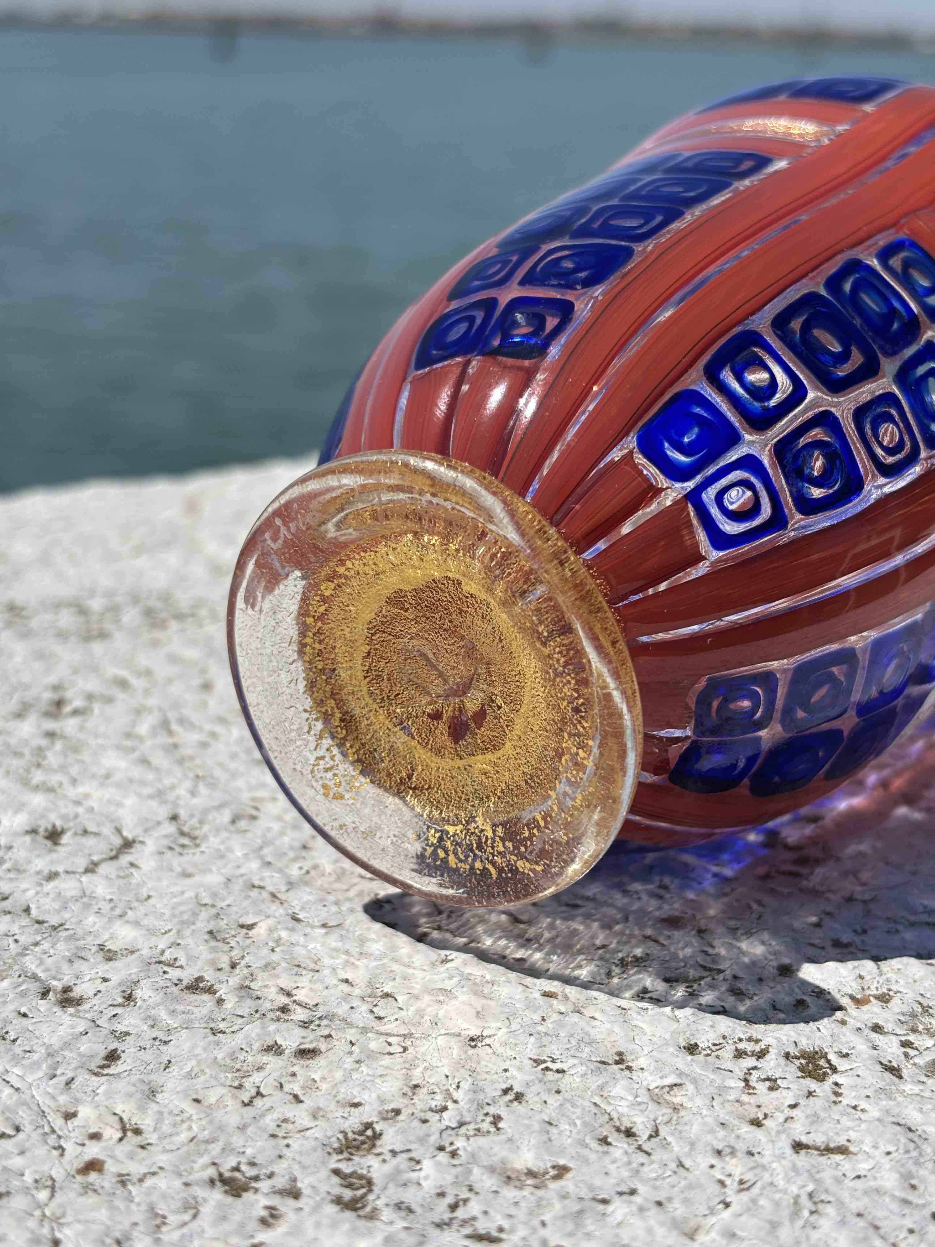 Vaso in autentico vetro di Murano rosso blu e avventurina piccolo
