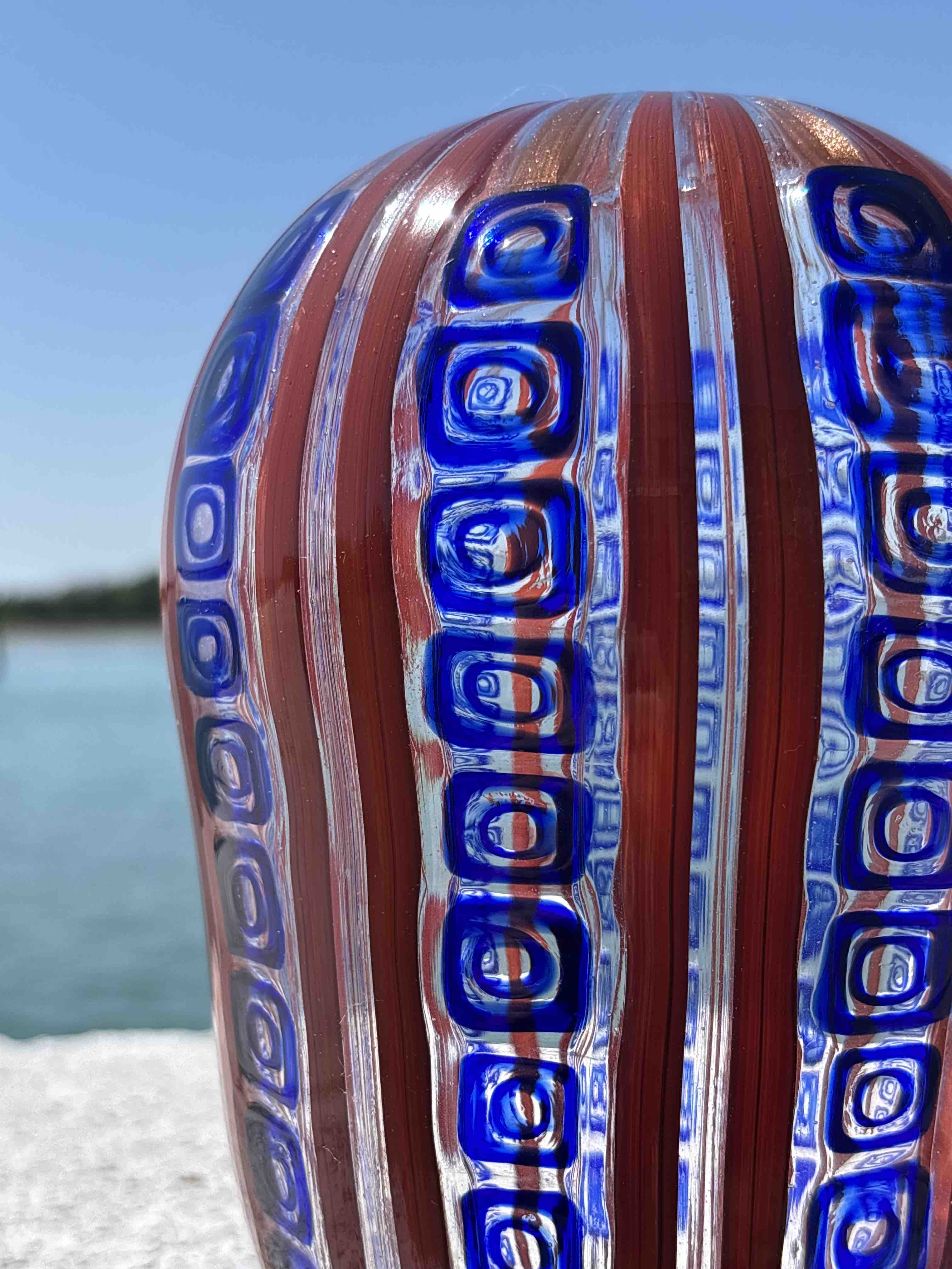 Vaso in autentico vetro di Murano rosso blu e avventurina grande