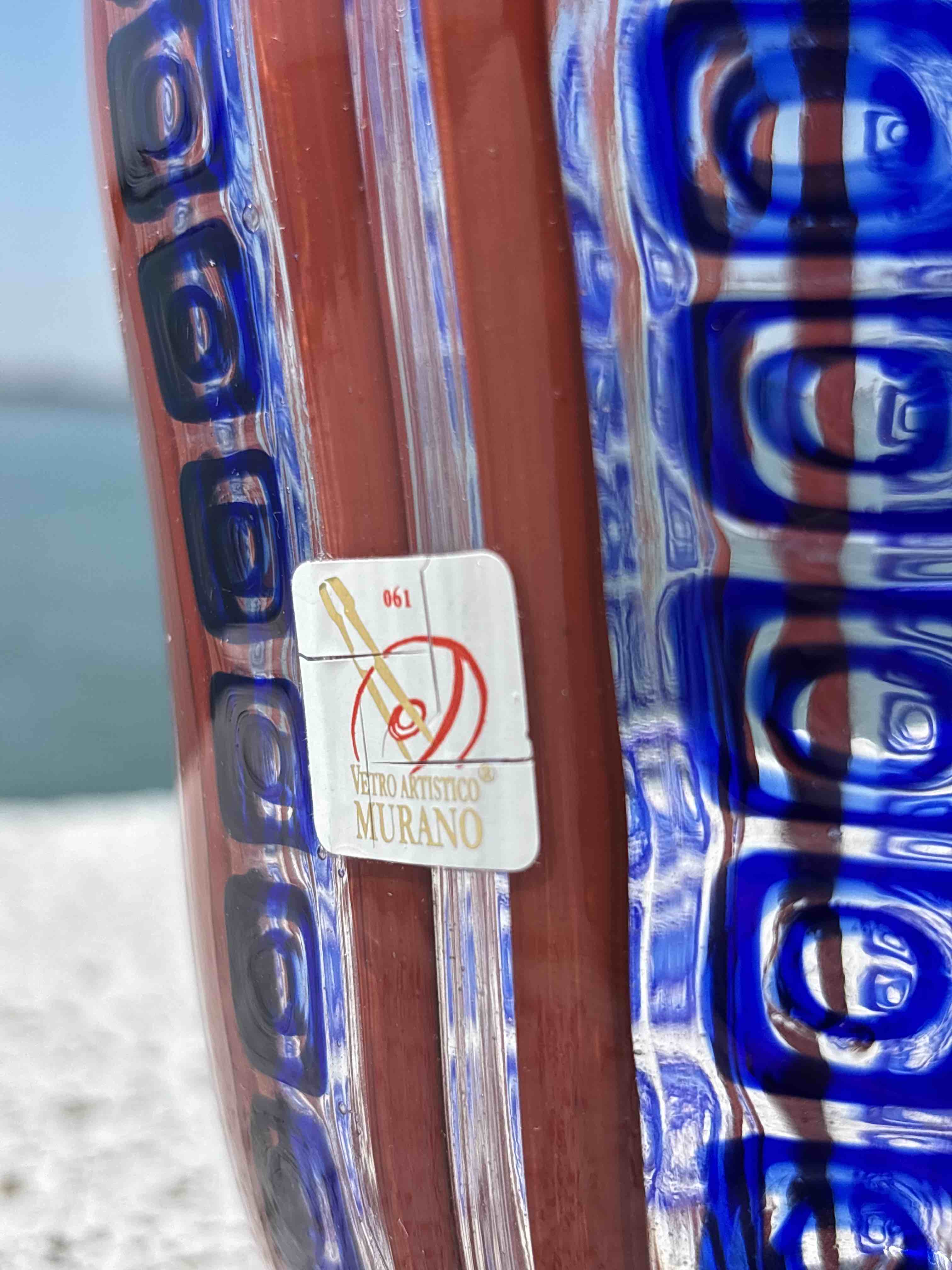 Vaso in autentico vetro di Murano rosso blu e avventurina grande