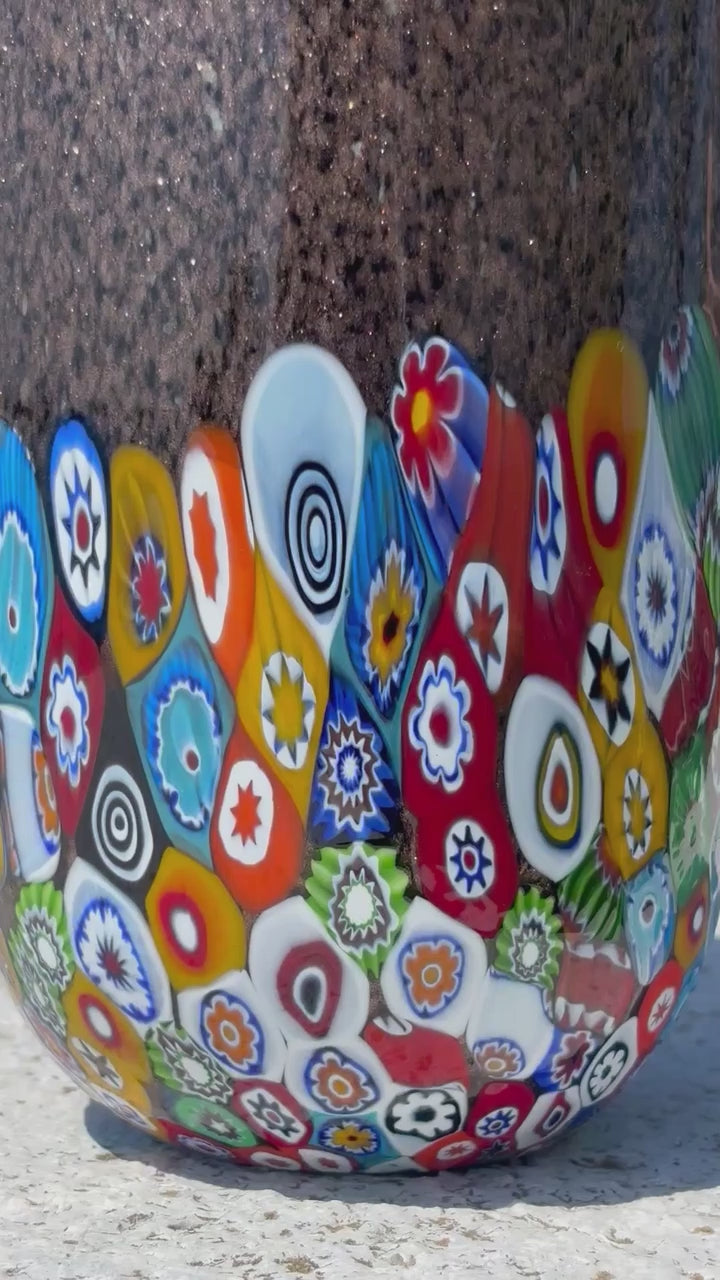 Vaso in autentico vetro di Murano con Murrine e foglia d'oro