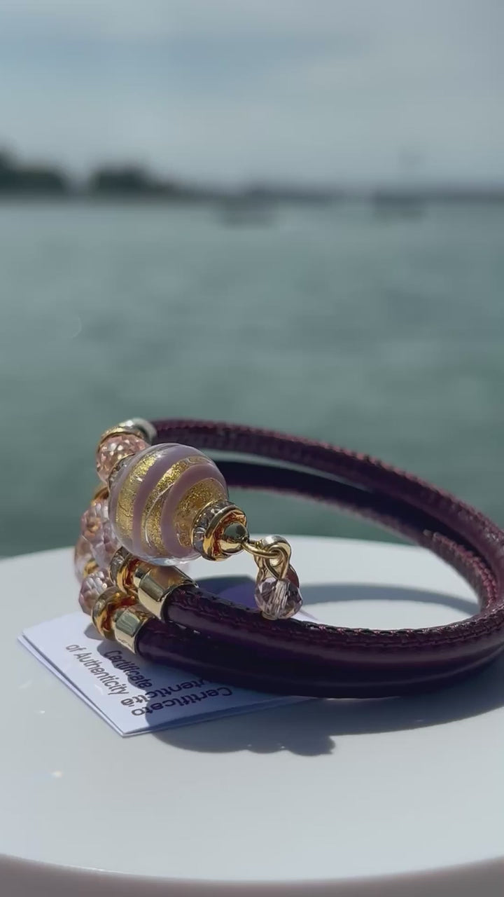Bracciale con perle in vetro di Murano rosa, borgogna e oro