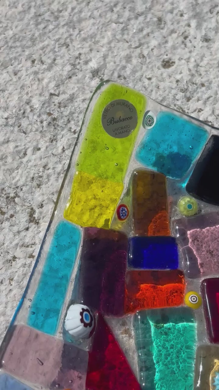 Piatto quadrato in vetro di Murano con mosaico multicolore