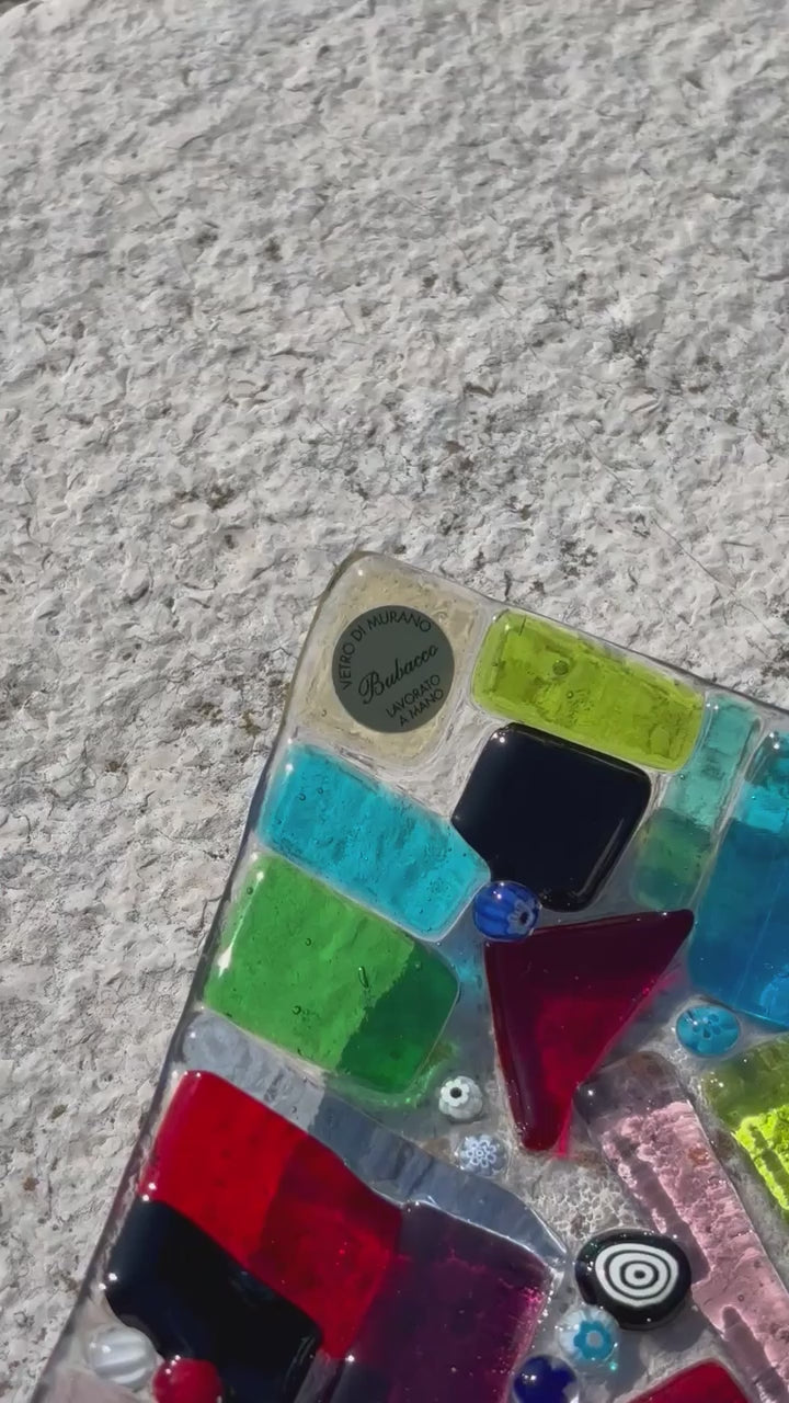 Piatto quadrato in vetro di Murano con mosaico multicolore