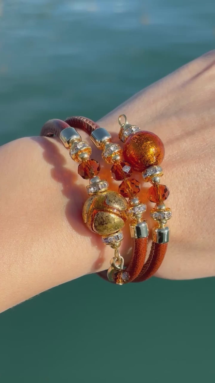 Bracciale con perle in vetro di Murano rame e oro