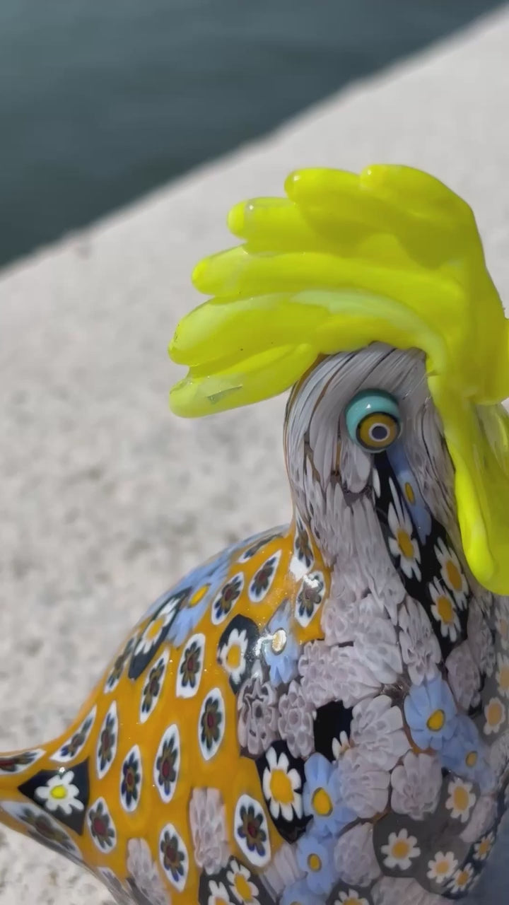 Galletto in autentico vetro di Murano blu e giallo