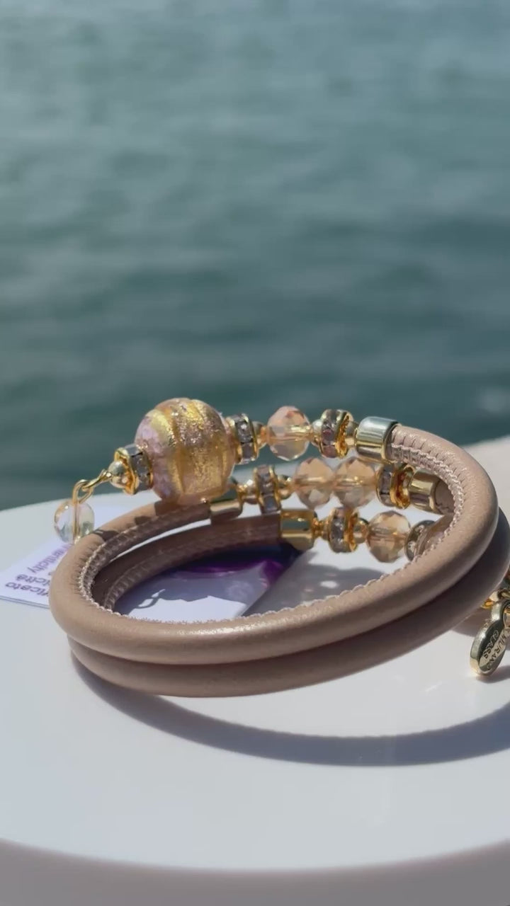 Bracciale con perle in vetro di Murano rosa, oro, tortora